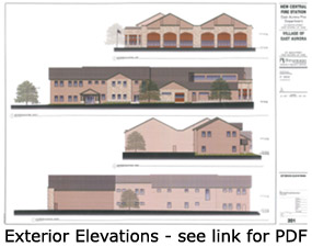 Exterior Elevations of the New East Aurora Central Fire Station, click on the Exterior Elevations link for a larger PDF